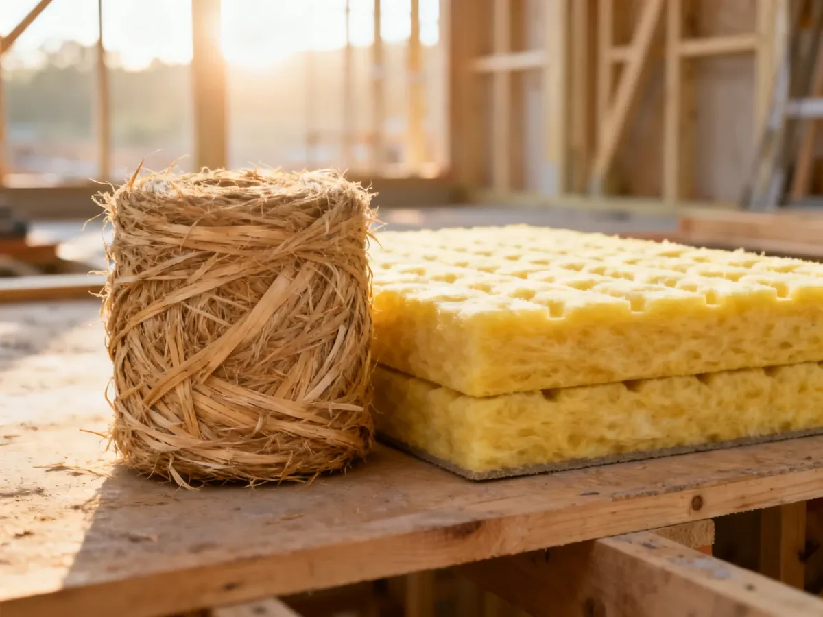 Porównanie tekstur wełny drzewnej i mineralnej na placu budowy, ilustrujące wybór materiału do izolacji domu.
