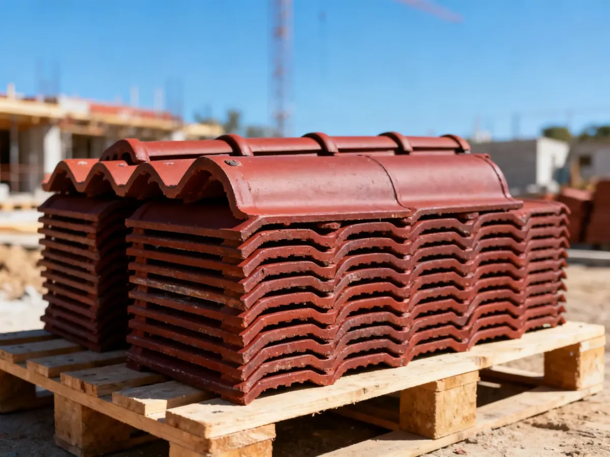 Ciemnoczerwone dachówki ceramiczne Röben Monza Plus ułożone na palecie na tle placu budowy.