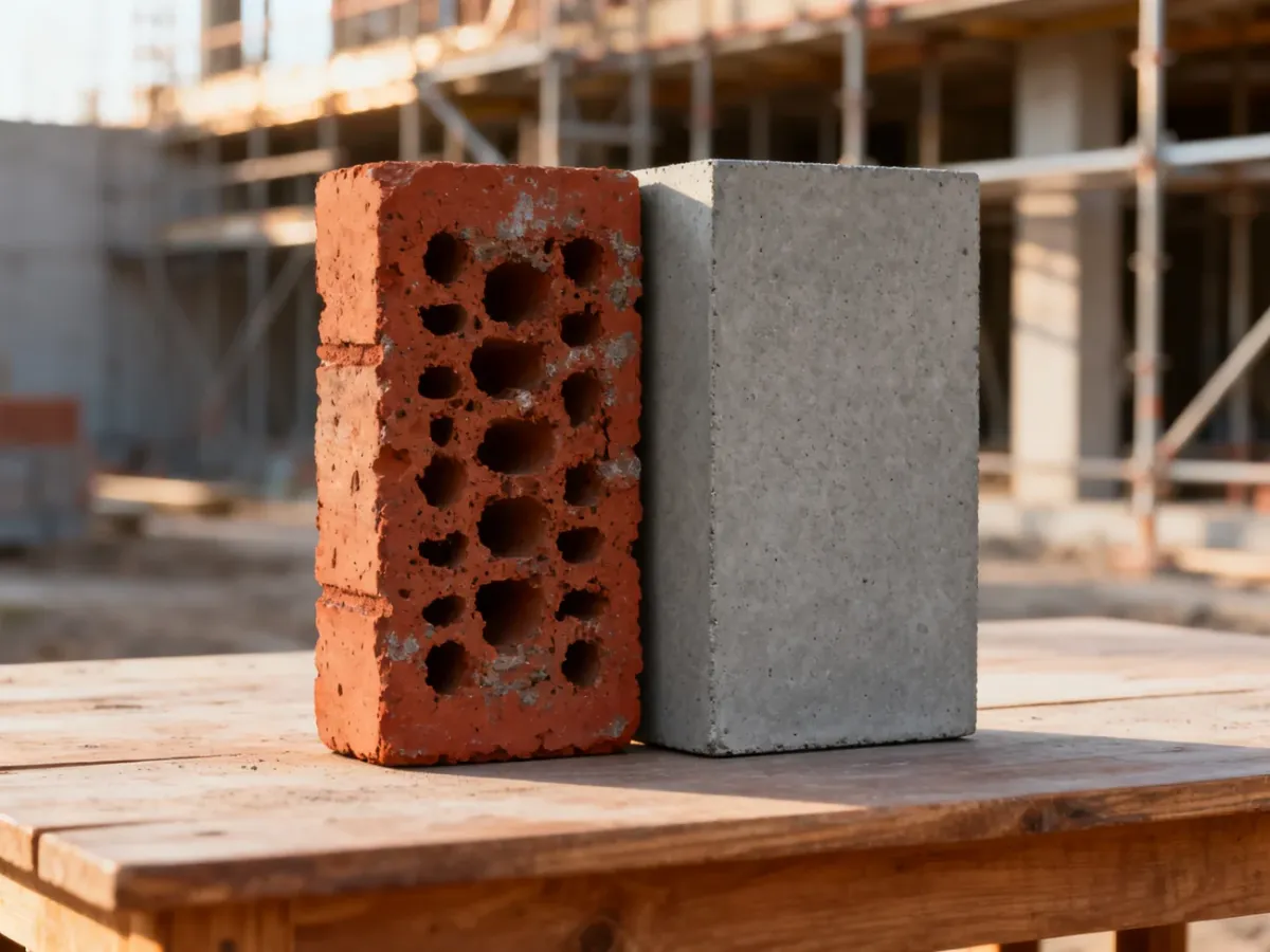 Porównanie czerwonej cegły i szarej płyty betonowej na drewnianym stole w kontekście wyboru materiału budowlanego.