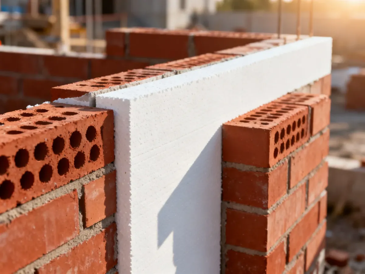 Gruba ściana z czerwonej cegły częściowo pokryta białą płytą styropianową, obrazująca proces termoizolacji budynku.