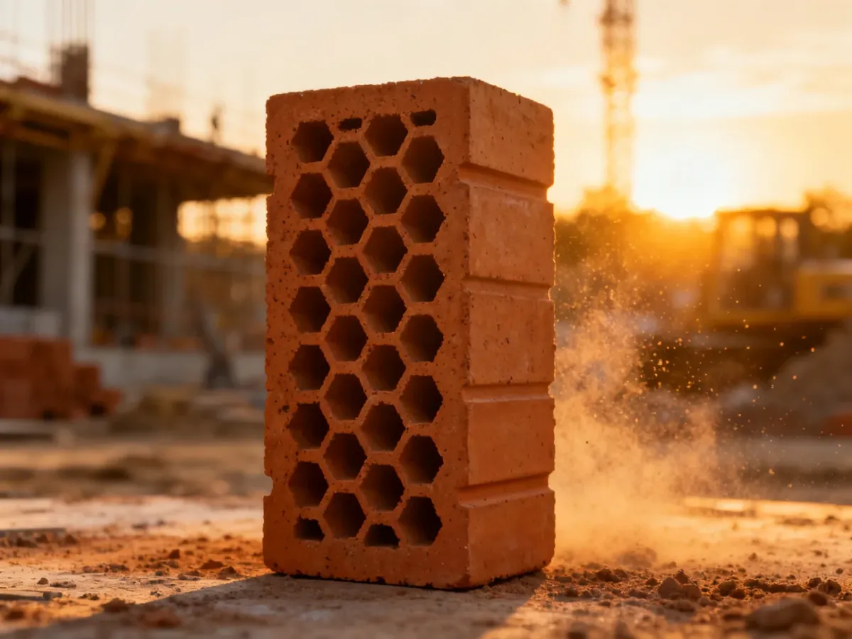 Pustak ceramiczny o widocznej strukturze plastra miodu na tle placu budowy w świetle zachodzącego słońca.