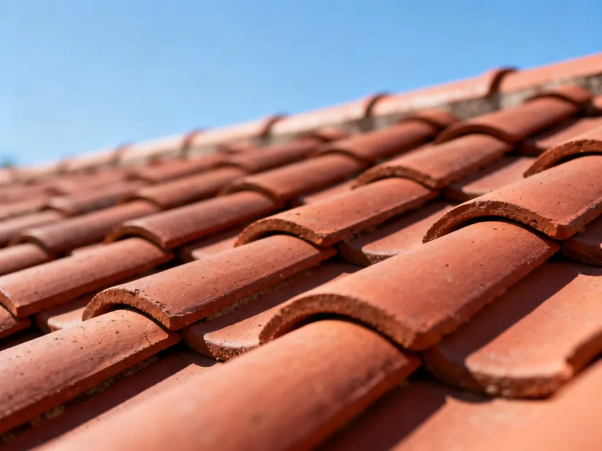 Zbliżenie na czerwoną dachówkę ceramiczną o naturalnym wykończeniu, ułożoną w równy wzór na dachu w słoneczny dzień.