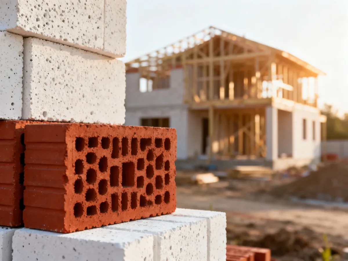 Porównanie pustaków ceramicznych i bloczków z betonu komórkowego na placu budowy.