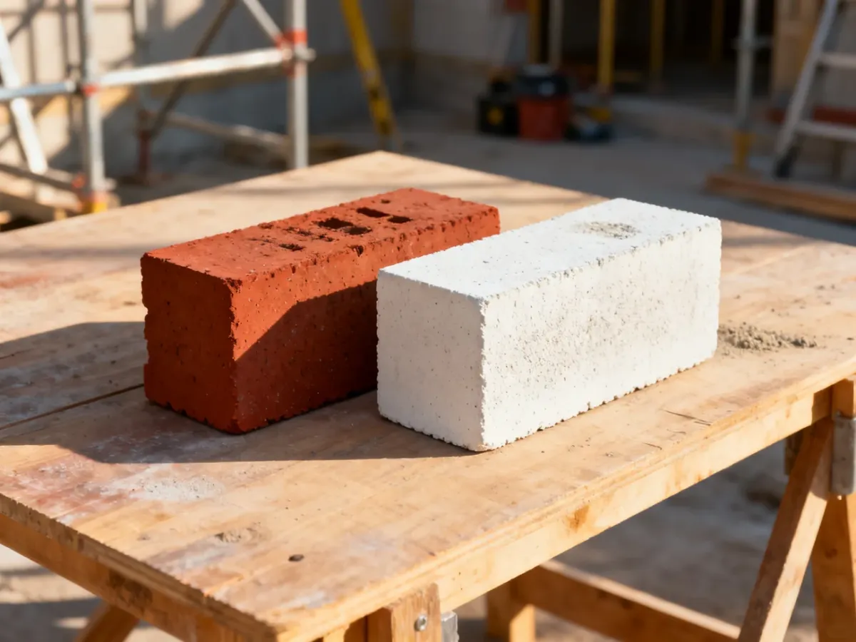 Porównanie czerwonej cegły ceramicznej i białego bloku silikatowego na placu budowy.